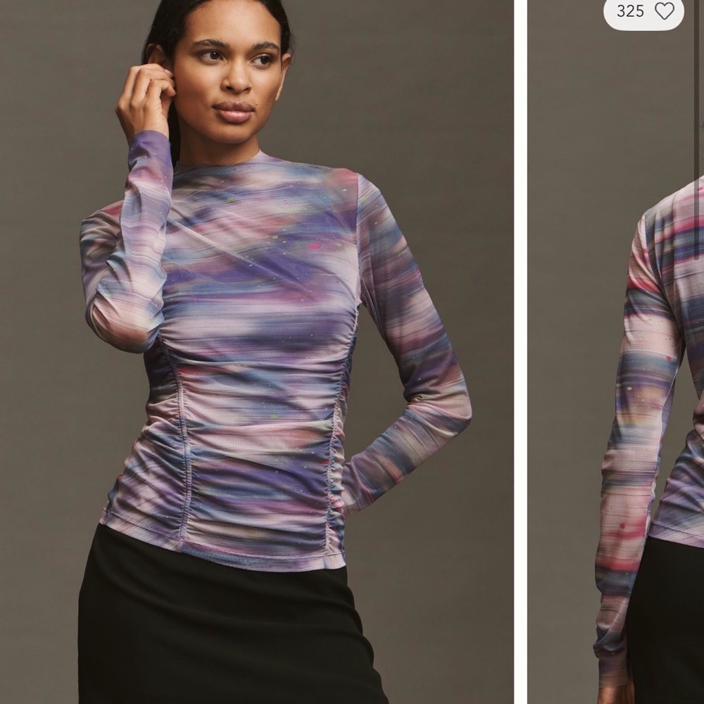 Anthropologie Purple Multi Ruched Long-Sleeve Mesh Top